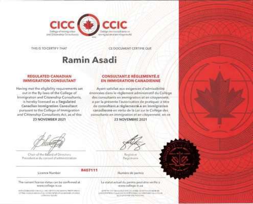 The College of Immigration and Citizenship ConsultantsCIC Certificate Ramin Asadi-R407111