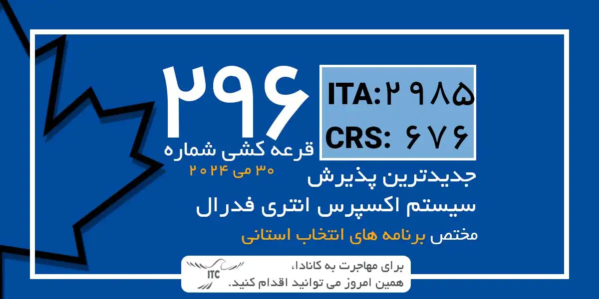 آخرین و جدیدترین نتایج قرعه‌کشی اکسپرس انتری 2024 حداقل امتیاز CRS و ITA دراو 296